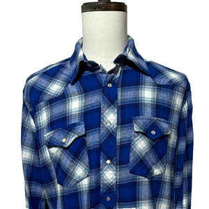 Wrangler Wrancher Shirt Mens XLT Blue White Flannel Plaid Pearl Snap Western